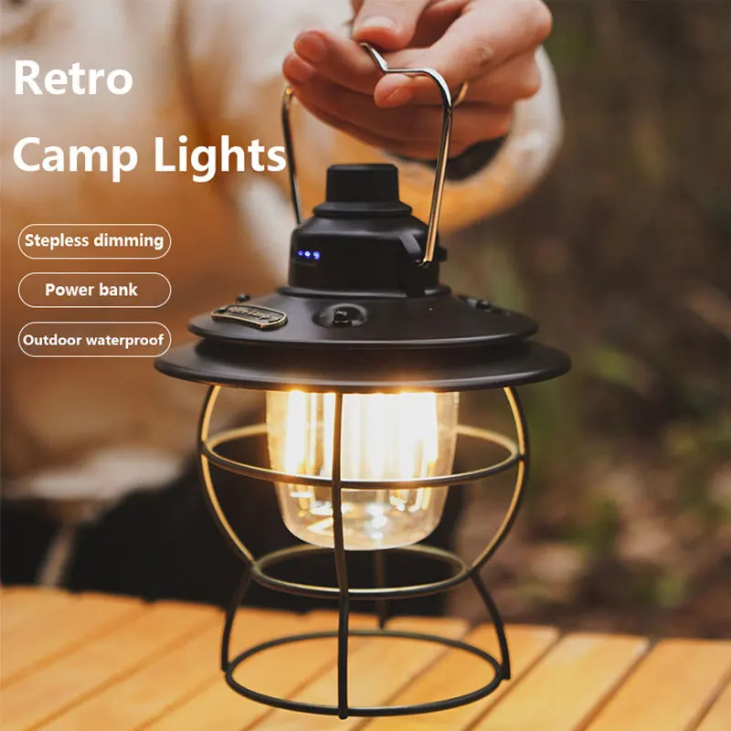 

Retro Portable Camping Light Rechargeable Light Hanging Lamp Home 3 Modes Dimmable Torch USB Tent Light Lantern Camping Lighting