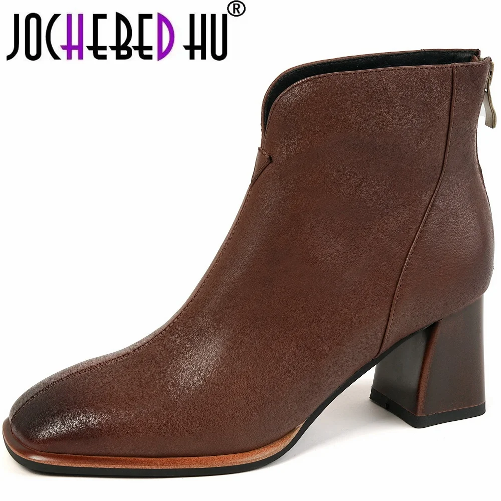 

【JOCHEBED HU】Brand Autumn Winter Ankle Boots Genuine Leather Zipper Fashion Women Shoes Square Heel Motorcycle Boots Size 34-42