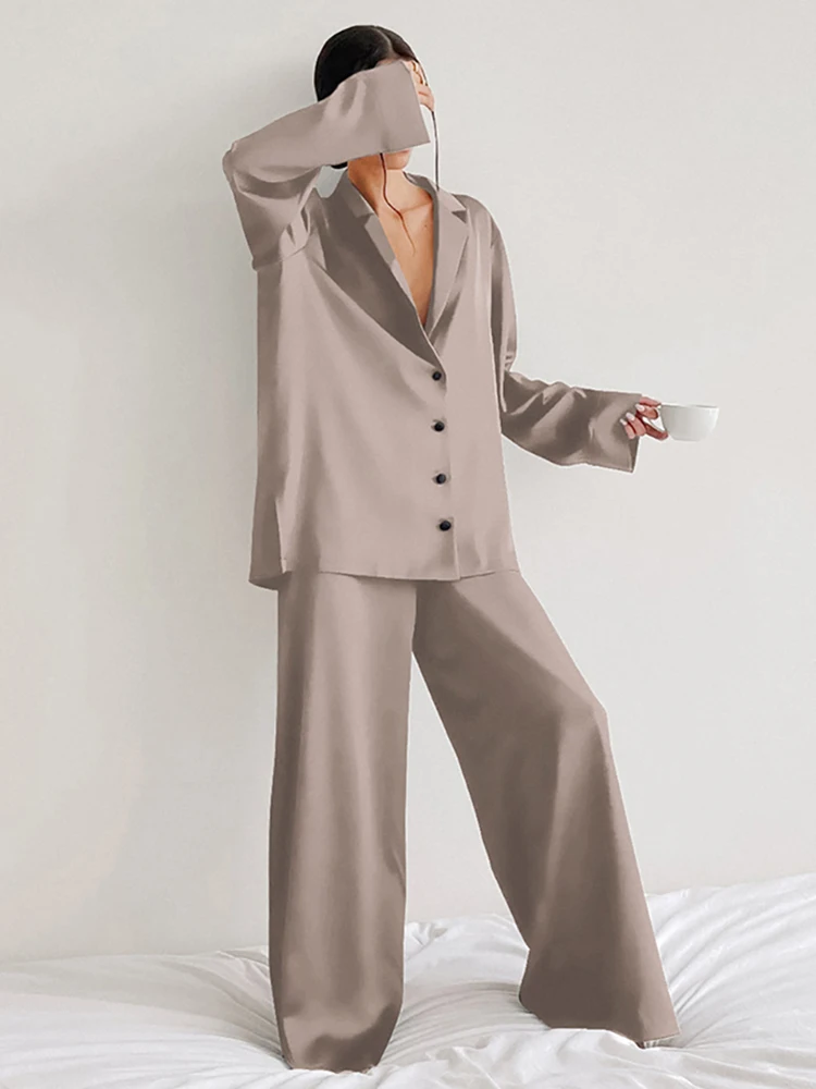 Restve Loose Sleepwear Female 2 Piece Set Oversized Satin Turn Down Collar Long Sleeve Tops Casual Women Sets With Pants 2022