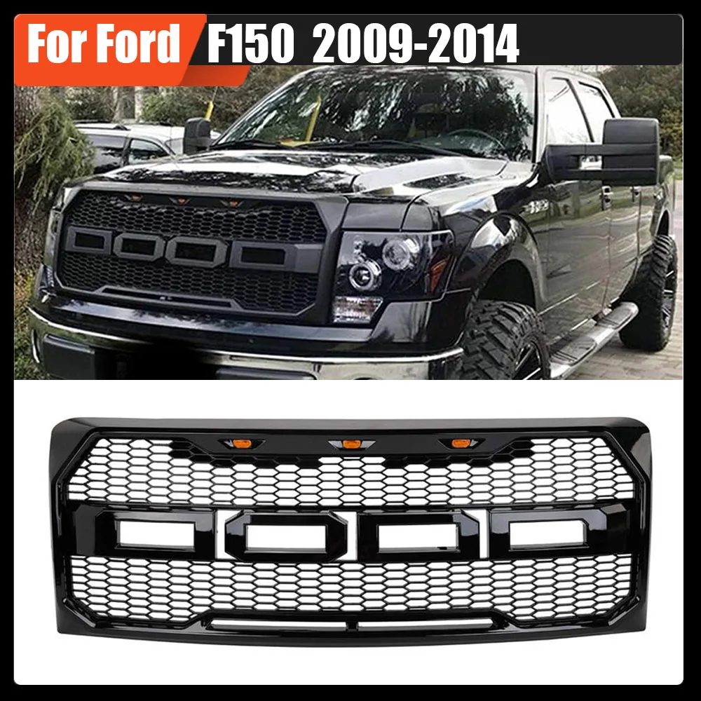 

For Ford F150 2009-2014 W/LED Light Front Bumper Raptor Grille Centre Panel Upper Grill 4X4 Offroad Modified Gloss Black Grills
