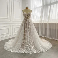 latest western bride wear thin straps corset 3d floral lace wedding dresses with long train