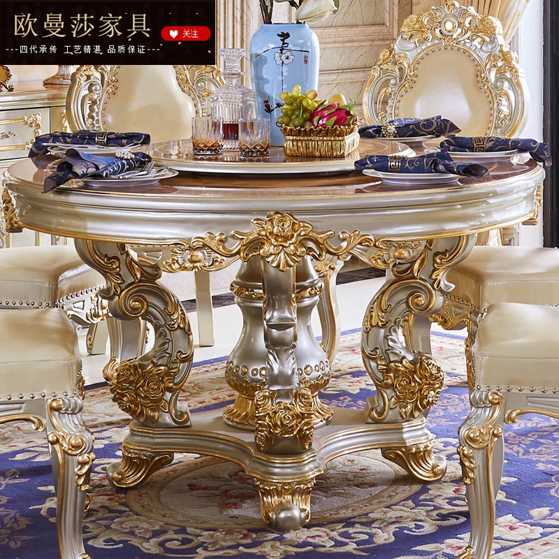 

Круглый стол с мраморной поверхностью, европейская Вилла из массива дерева, обеденный стол, стул в сочетании с поворотным механизмом, домашний круглый стол золотого цвета