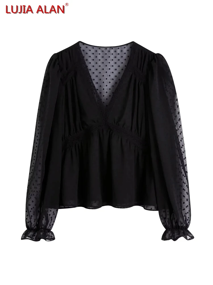 

New Women Dot Jacquard Chiffon Lace Splicing Blouse Smock Hot Sale Female V-Neck Long Sleeve Shirts Casual Tops LUJIA ALAN B821