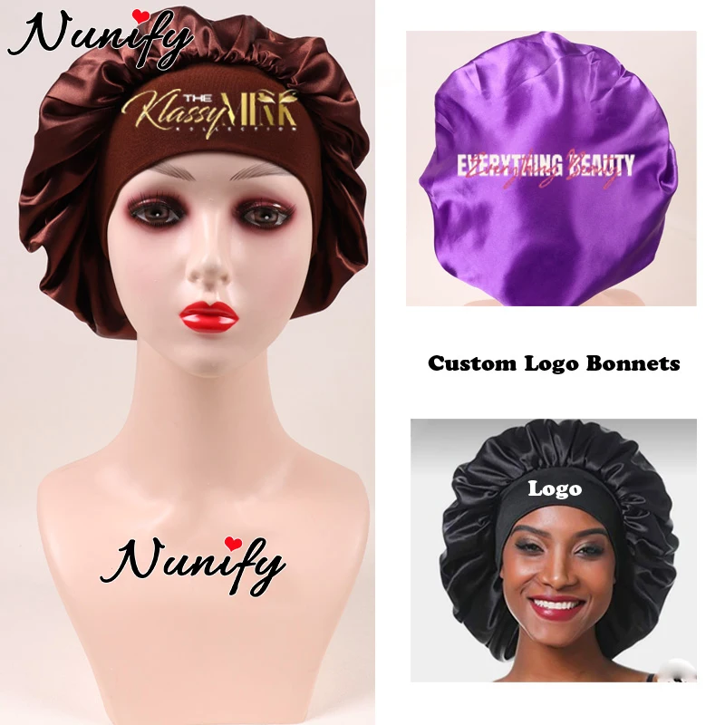 20Pcs Personalized Brand Soft Silk Bonnet Hair Bonnets For Sleeping Custom Logo 6Cm Width Wide Elastic Band Wig Caps Coffee Hat