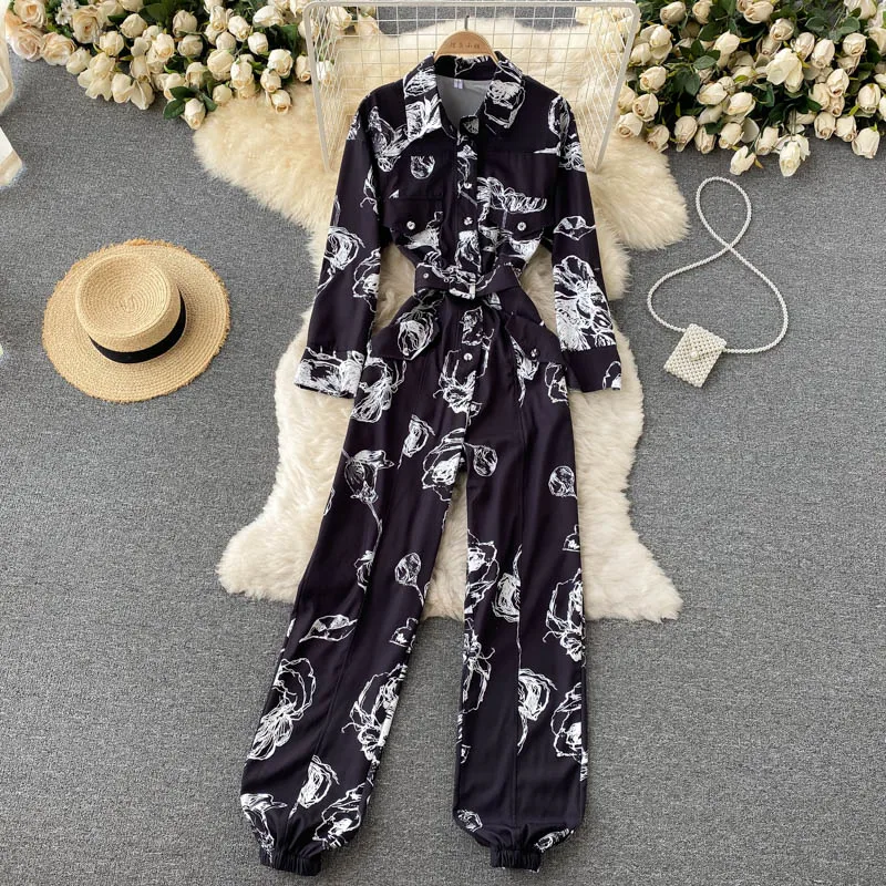 

Женский винтажный комбинезон в стиле ретро, шикарный комбинезон с высокой талией, отложным воротником и длинным рукавом, осень 2022