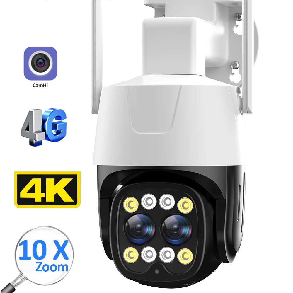 

4K 8MP 4G Sim Card Camera Outdoor WiFi 2.8mm-8mm Dual Lens 10X Zoom IP Camera AI Tracking Audio Security CCTV Camera H.265 Camhi