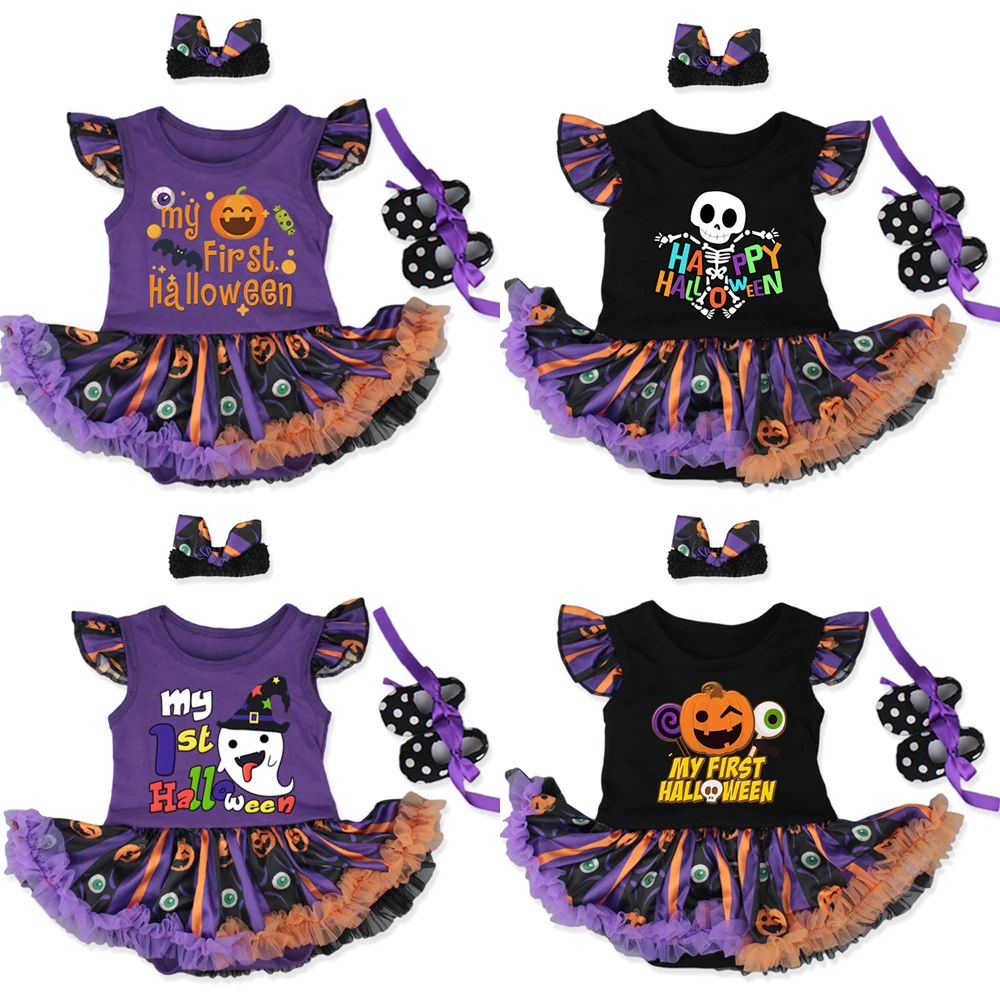 

Halloween Baby Girl Clothes Infant Baby Bodysuit Fly-sleeve Cotton Halloween Skull Print Costume Clothing Jumpsuit For 0-3 Years
