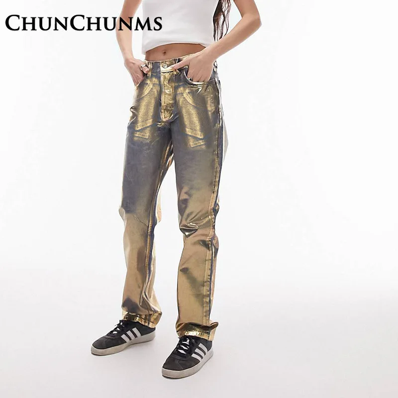 

Облегающие джинсовые брюки с металлическими золотистыми прямыми штанинами, Женские Тренировочные Брюки с карманами на молнии, широкие брюки, деловые брюки, уличная одежда