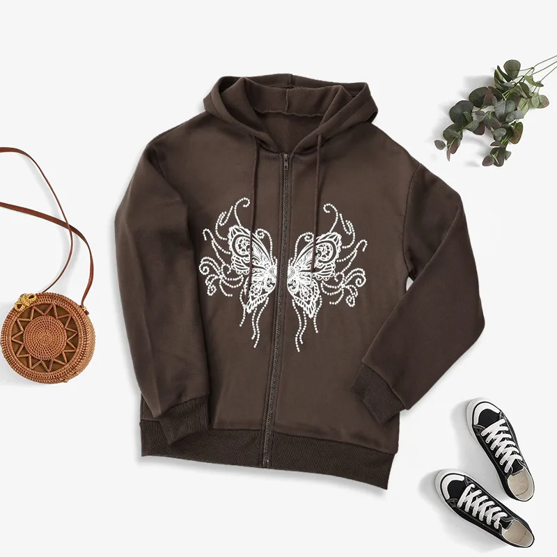 

Винтажные коричневые толстовки с капюшоном и принтом бабочек Y2k на молнии, женские свитшоты, пальто, осенне-зимняя толстовка на молнии, одеж...