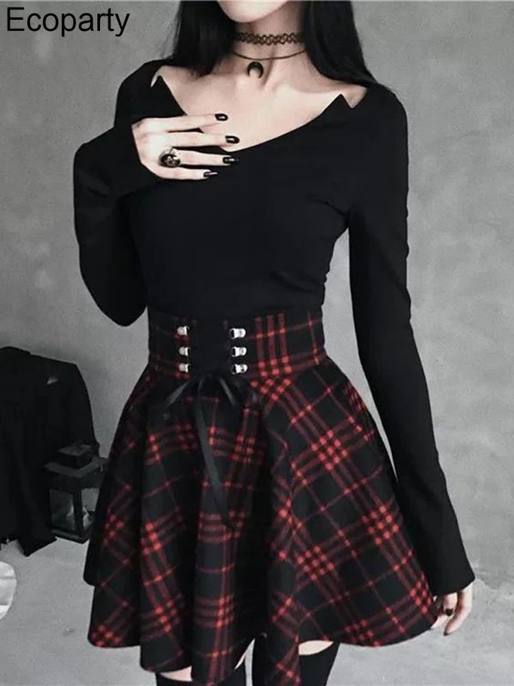 

Black Casual Women's Gothic Skirt Women Pleated Plaid Skirts Spring Autumn Girl Hip Hop Female Punk Goth Mini Skirt Clubwear 50