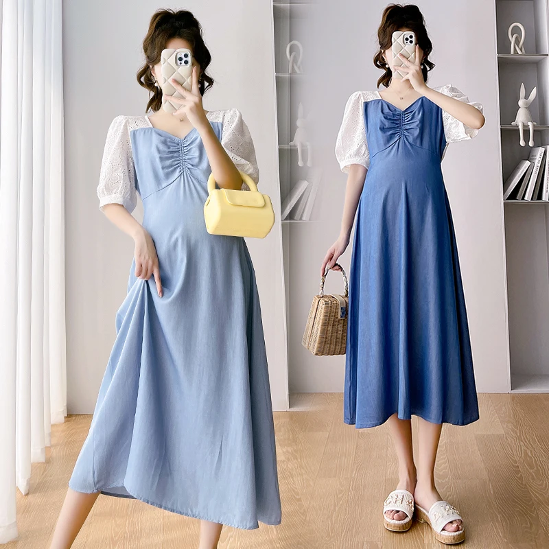 

6222 # летнее модное тонкое кружевное мягкое джинсовое платье из тенсела для беременных элегантная Лидер продаж тонкая одежда для беременных