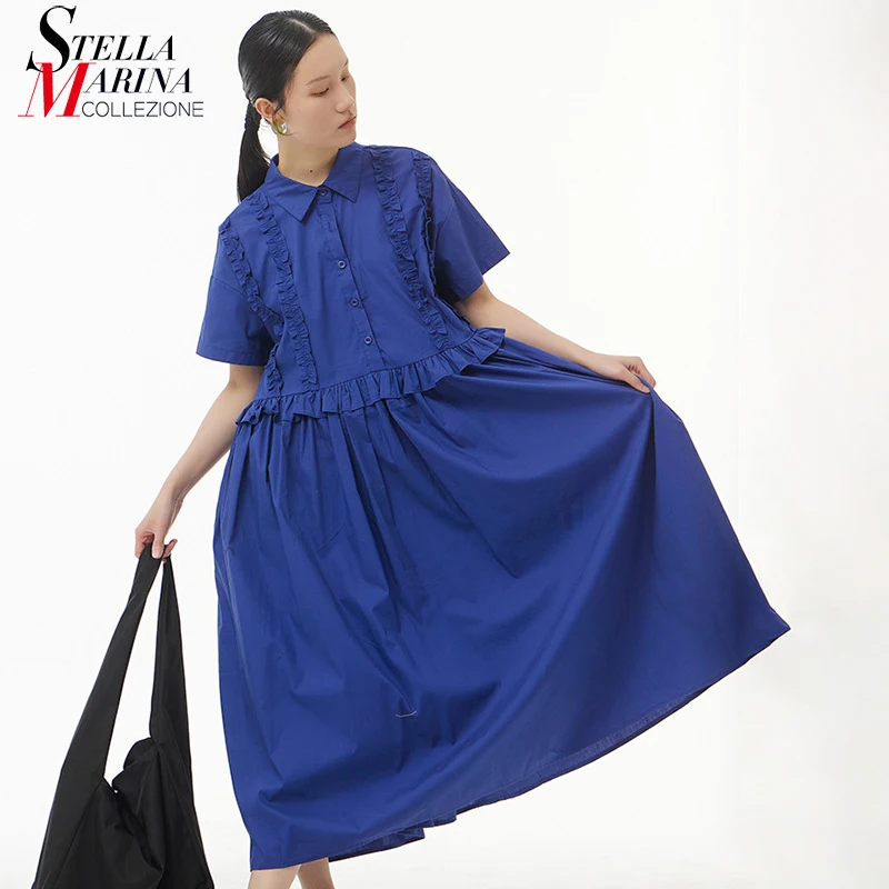

New Summer Woman Clothing Solid Blue Black Short Sleeve Pullover Shirt Dress Ruffles Loose Fit Korean Style Simple Robe apr24