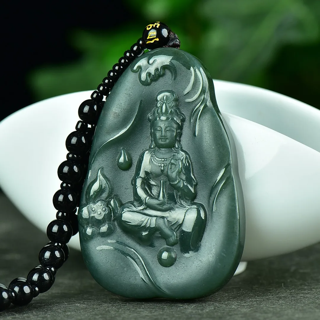 

42*62mm Green Jade Guanyin Pendant Necklace Men Women Fengshui Charm Nephrite Hetian Jades Buddhist Amulet Sweater Chain