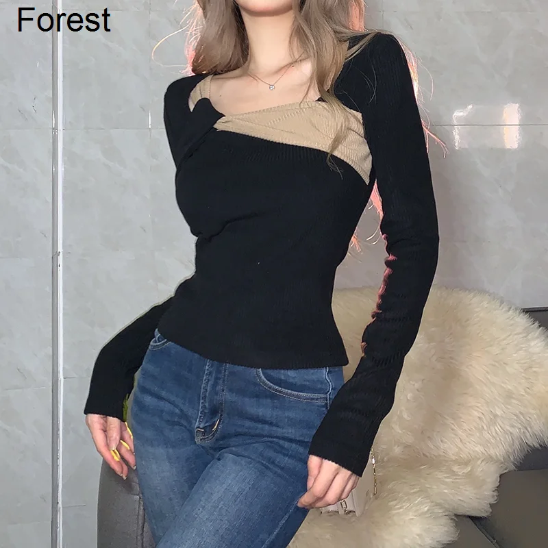 

Women's Pullover Kink Thin Bottomed Shirt Top Slim Stitching Sweater Pullover Long Sleeve T-shirt Forest
