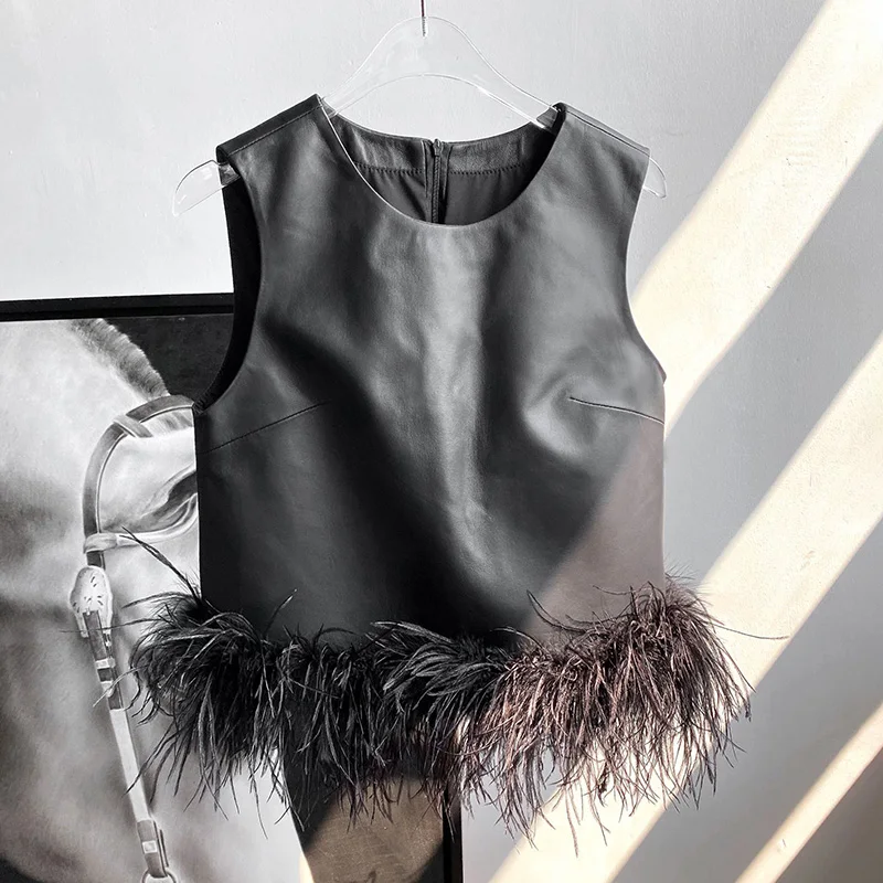 2023 Women Real Leather Vest Fashion Autumn Winter Feather Tops Genuine Sheepskin Leather Skirts Lady Top & Skirt Set TF4999