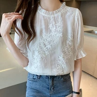 women tops for summer lace embroidery chiffon blouse long puff sleeve womens cropped korean style elegant lady t shirts 2022