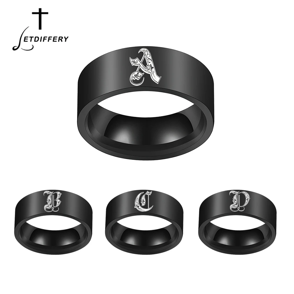 Letdiffery Customized Engraved Initials A to Z Men Rings 8mm Stainless Steel Vintage Letters For Women Ring Simple Jewelry