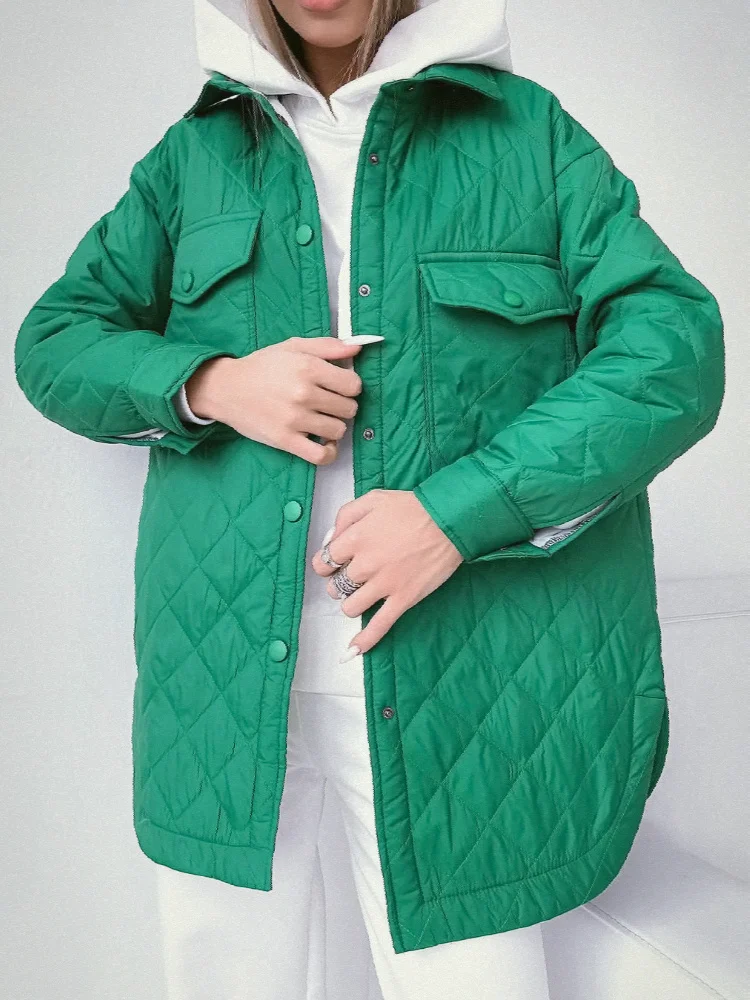 Plaid Quilted Jacket Women 2022 Hot Single-breasted Lapel Long Green Loose Warm Plaid Top Casual Streetwear Quilted Coats Female