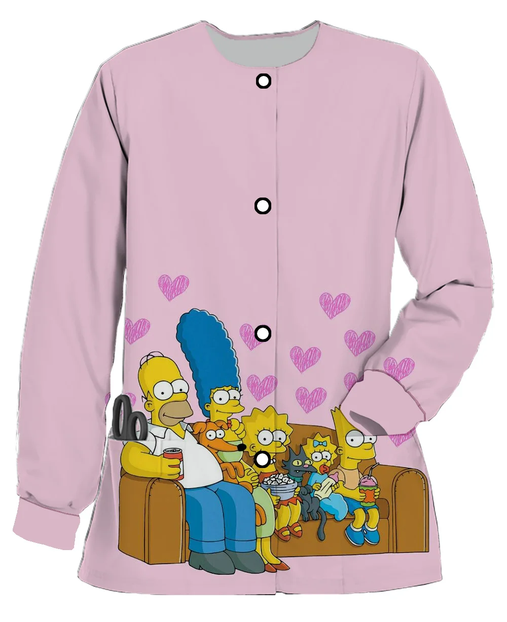 

New Disney The Simpsons Print Pocket Scrub Jacket Cartoon Pattern Hospital Tops Pet Shop Nurse Dress Overalls Coat Tops