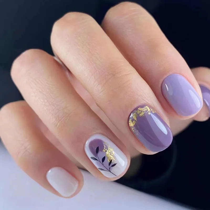 

24Pcs Summer Purple False Nails Tips with Gold Foil Short French Fake Nail Simple Round Head Press on Nails Wearable Nail Art