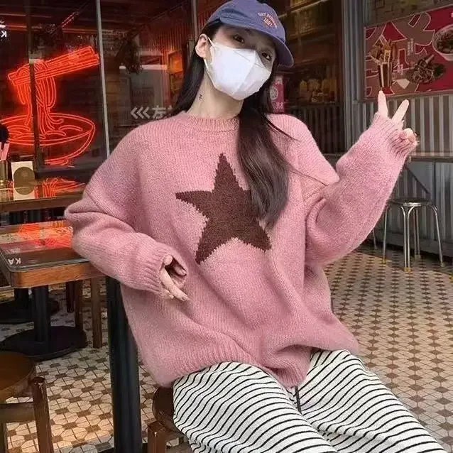 Deeptown Y2K Эстетический звездный свитер женский Harajuku винтажный серый вязаный