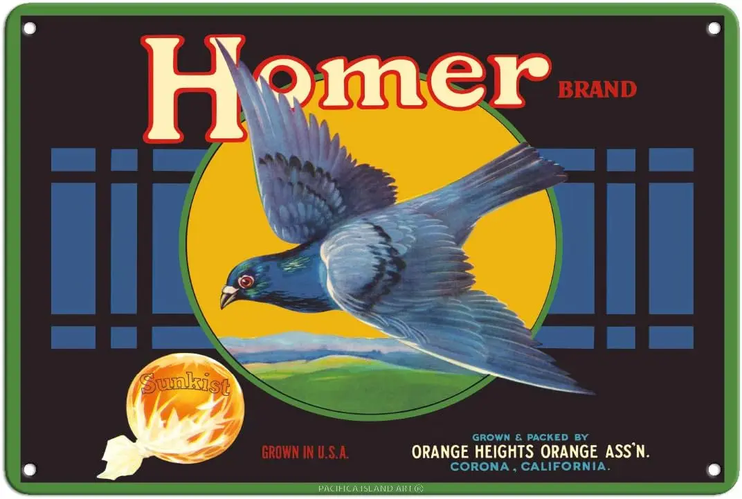 fc slnd rt Clforn Ornges - Homer Brnd Vntge Frut Crte Lbel c.1930s 8n x 12n Metl Tn Sgn