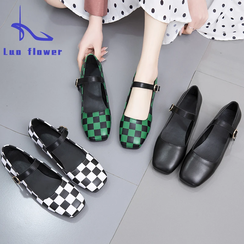 

College Style Retro Mary Jane Shoes 2022 Summer New Plaid Square Toe Single Shoes Flat Bottom Low-heeled Small Leather Shoes T