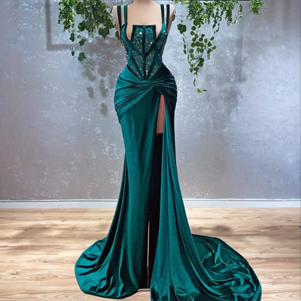 

Mermaid Malachite Green Women Evening Dresses Luxury Shiny High Split Sheath Sling Ladies Formal Gown Robes De Soirée Femme