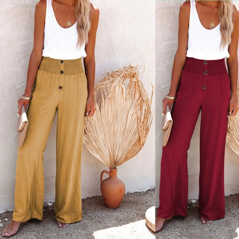Lady Basic 2022 High Waist Buttoned Trousers Vintage All Match Wide Legs Pants Streetwear Women Elegant Solid Long Pants New