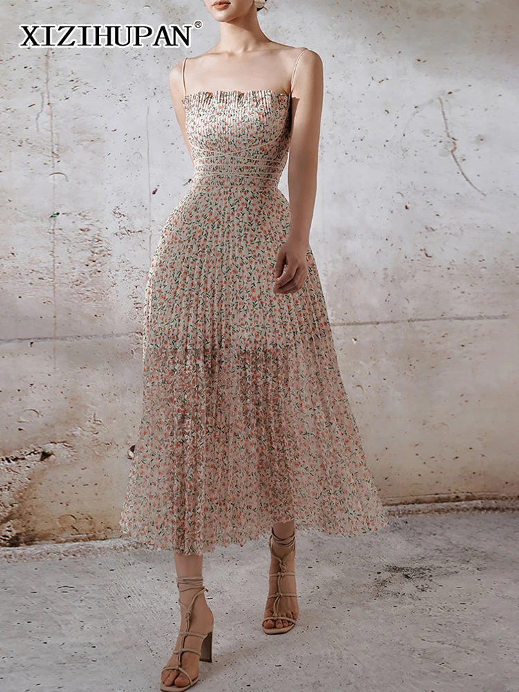 

XIZIHUPAN Korean Style Print Sling Dress For Women Square Collar Sleeveless High Waist Midi Dresses Female Summer Clothing 2022