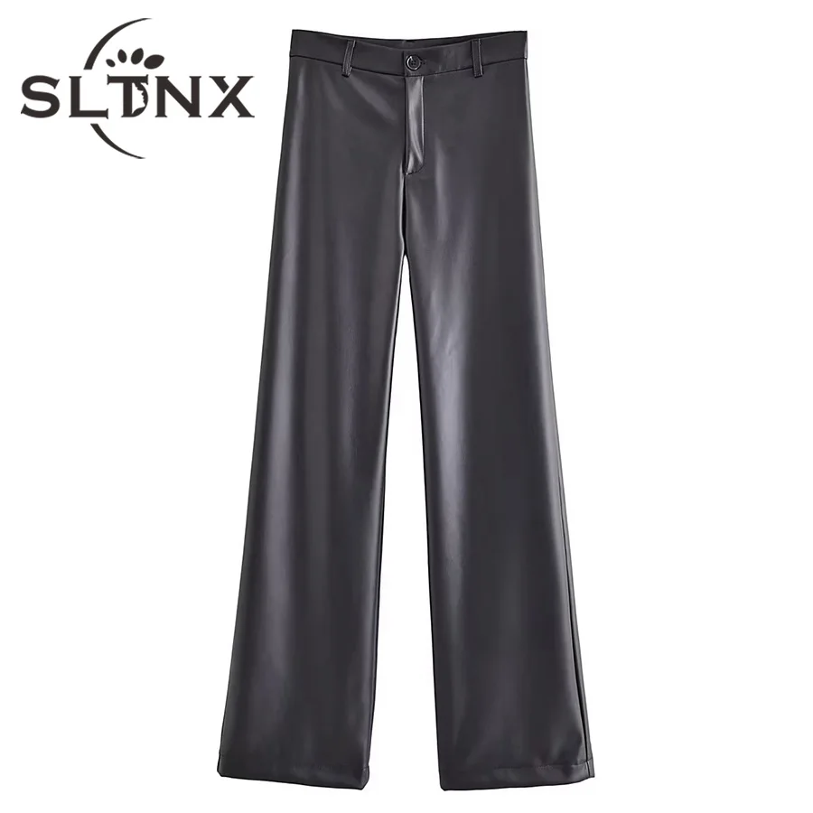 

Женские шикарные прямые брюки SLTNX TRAF 2023 из искусственной кожи, винтажные однотонные модные женские брюки на молнии с высокой талией