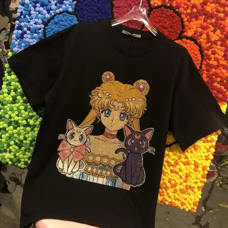 Cartoon Sailor Moon Luna New Printing Extra Large Size Short Sleeve Heavy Industrial Hot Diamond Women's Summer T-Shirt