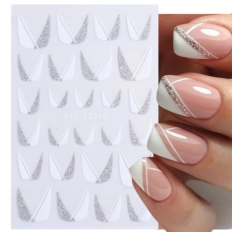 

French Tips Nail Stickers 3D Shiny Glitter Silver White Sliders Decals Geometry Star Nail Art Decorations Adhesive Foils Manicur