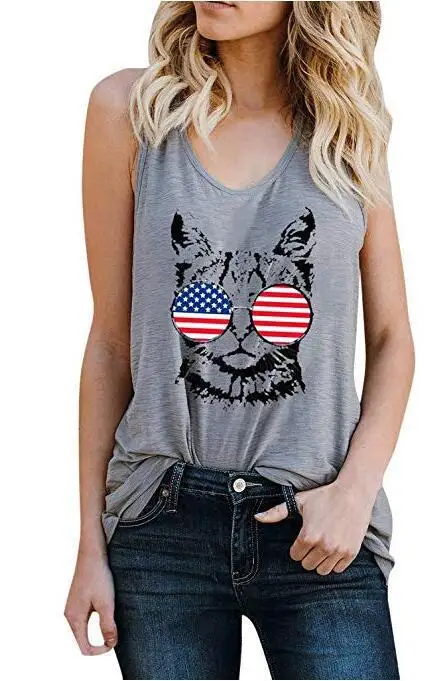 Женская футболка без рукавов с круглым вырезом и принтом кошки | одежда