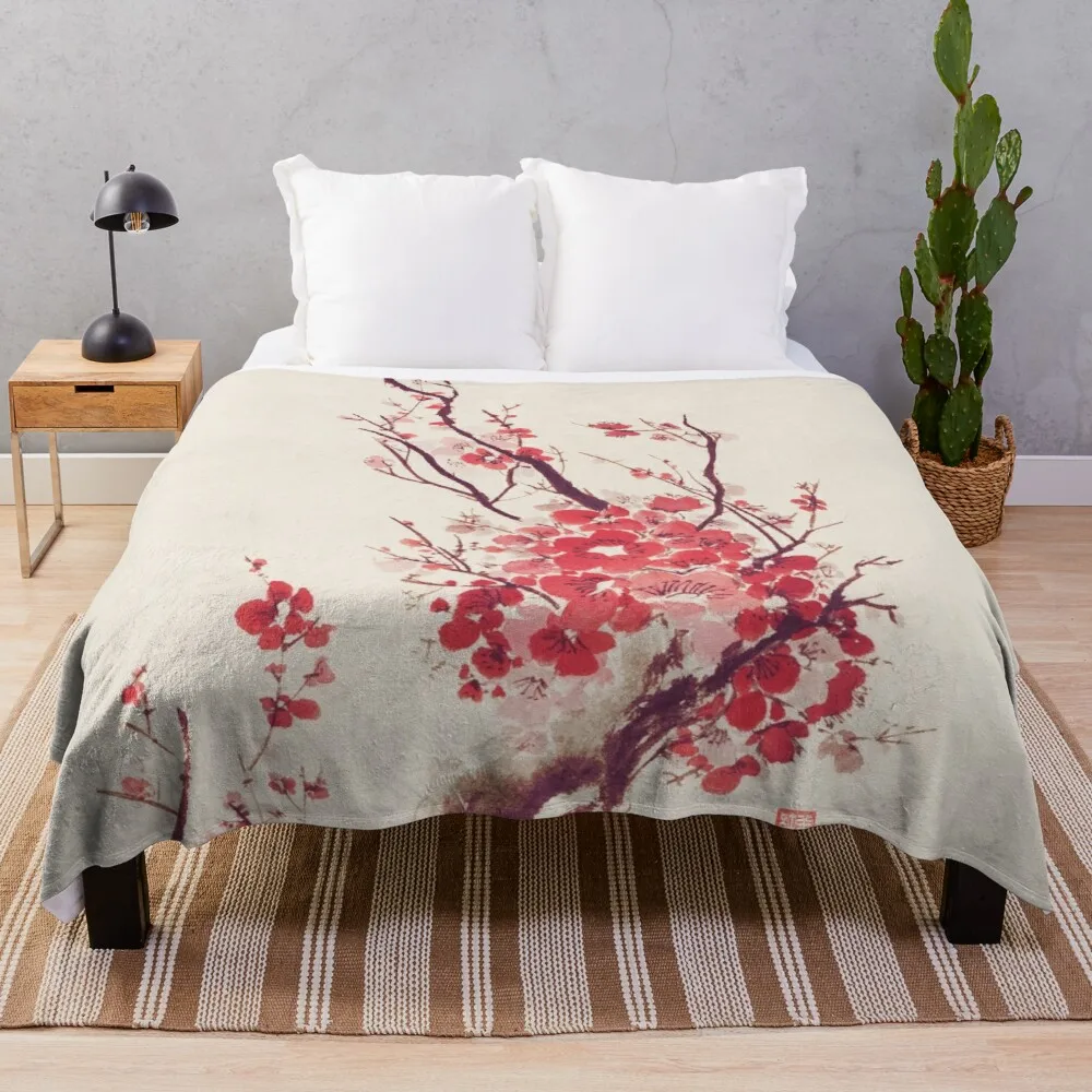 

Красивая яркая ветка цветущего сакуры с красными цветами, японская картина дзен Суми-э, ультрамягкие пледы с художественным принтом