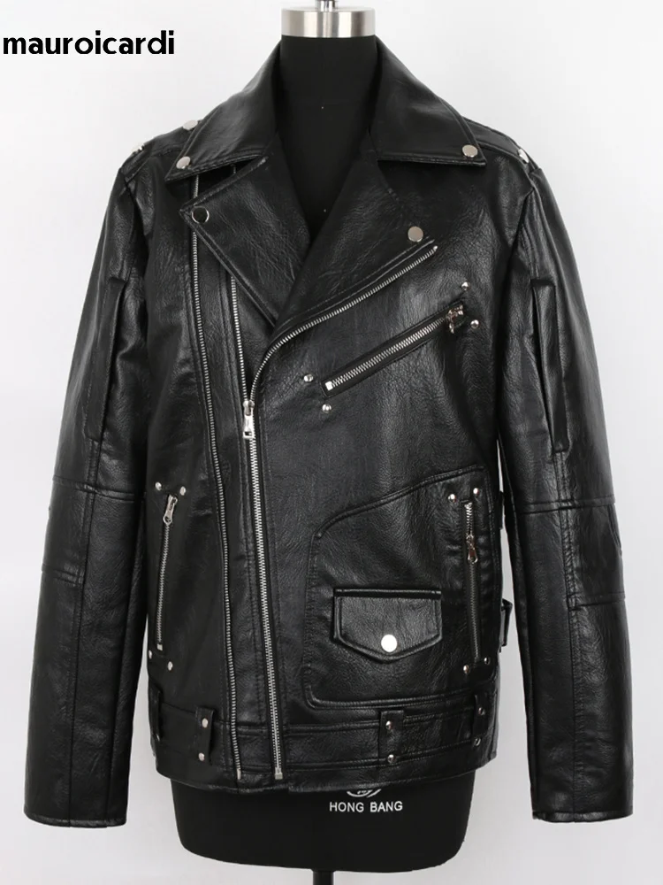 

Mauroicardi Spring Autumn Black Pu Leather Biker Jacket for Men Style 2022 Long Sleeve Zipper Plus Size Fashion Men Clothing 5xl
