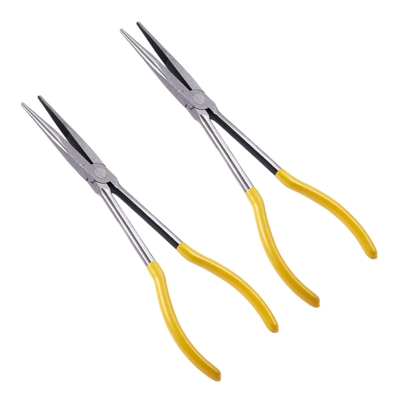 

2X 11 Inch Extra Long Straight Needle Nose Pliers Hand Tool Yellow+Silver