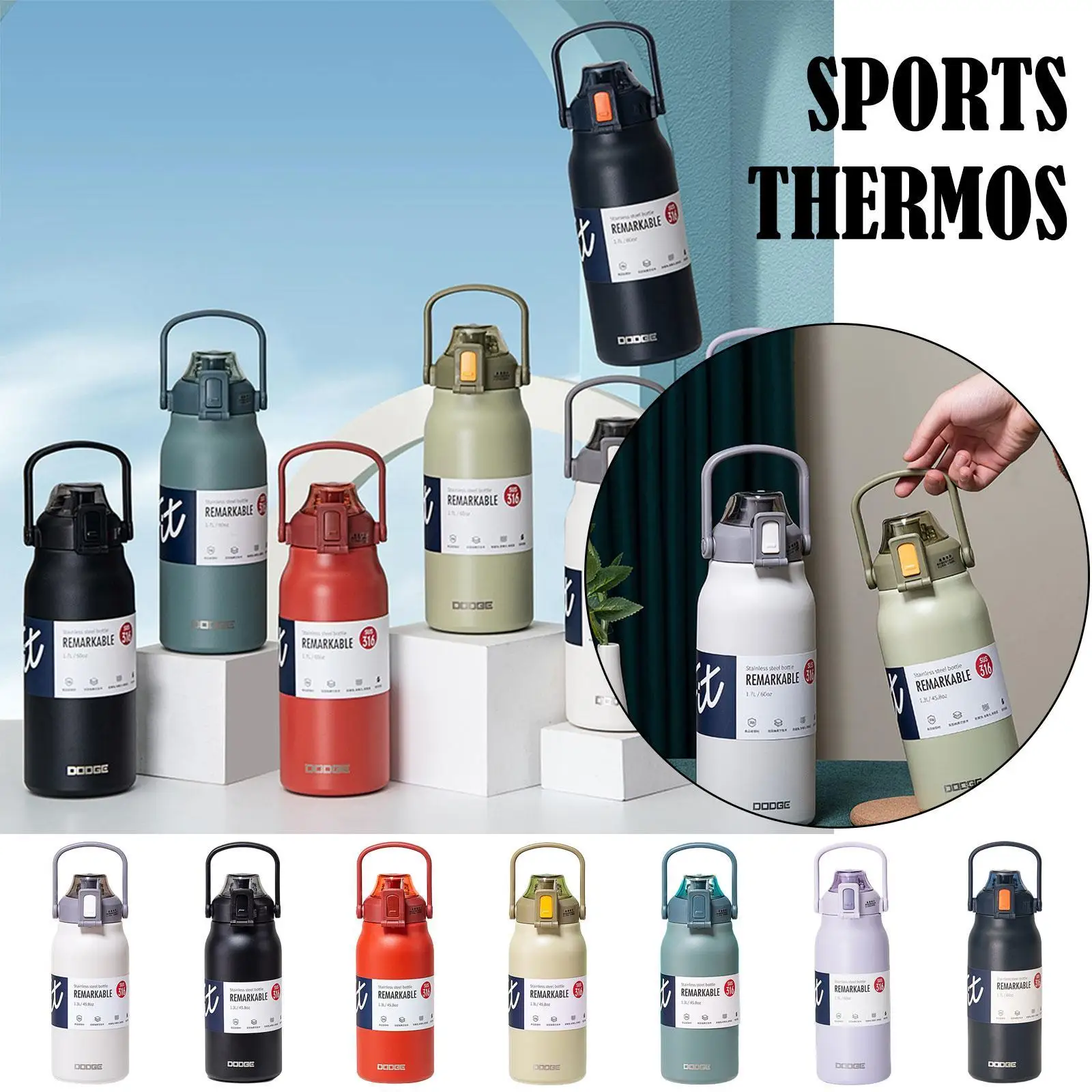 

New Portable Large Capacity Straw Bottle Steel Vacuum Water Flask Lids Insulated Cup For Home Outdoor Sports Fitness