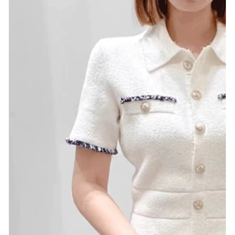 

White Waist Tweed Knitted Dress Women 2023 Early Autumn New