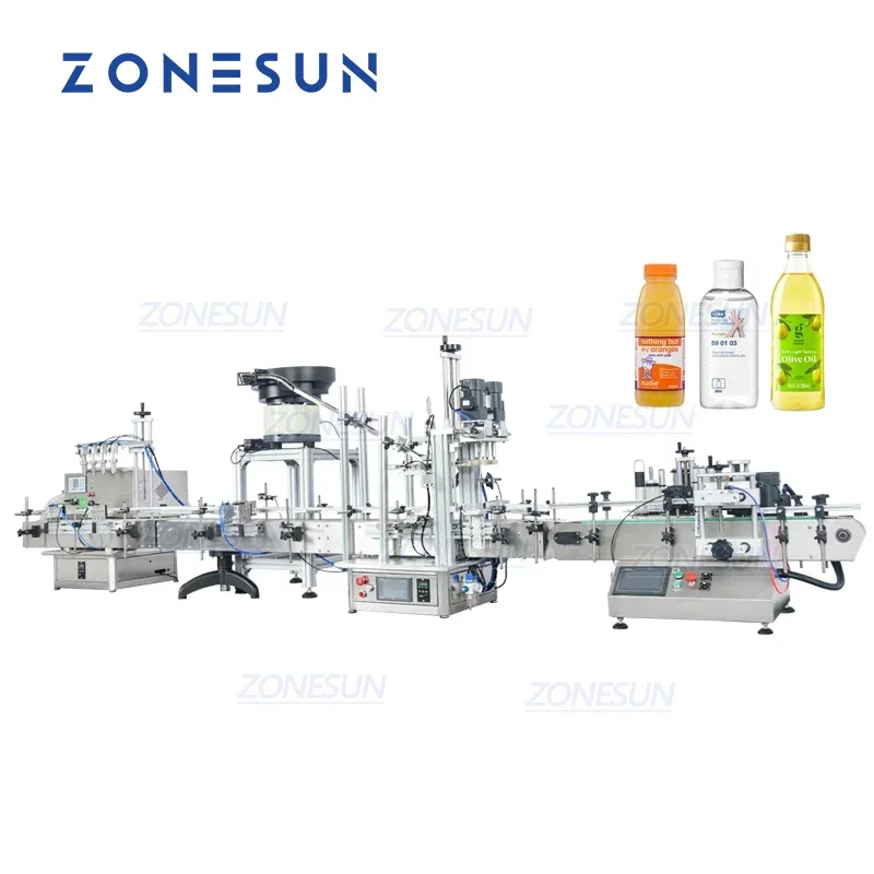 Фото Автоматическая линия ZONESUN ZS-FAL180C10 с 4 форсунками для розлива напитков, молока, геля, жидкостей, укупорки и этикетирования круглых бутылок №2