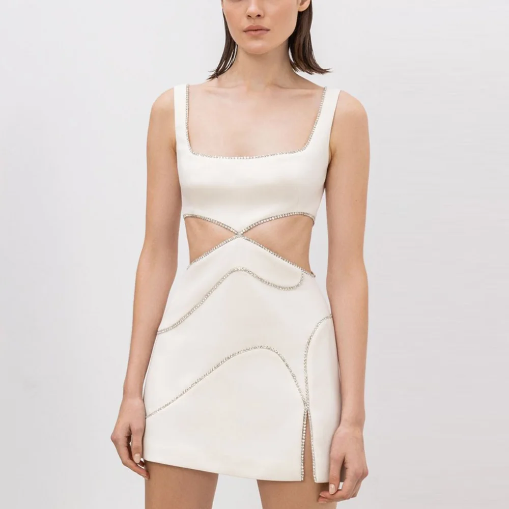 

Square Neck Satin Dress Crystals Beaded Women Clothing Cut-out Mini Party Dress With Zipper Custom Made Straight Cocktail Gown
