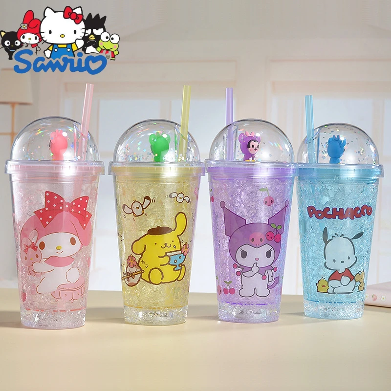 

Sanrio Plastic Water Cup Kawaii Hello Kitty Kuromi Mymelody Cinnamoroll Pochacco Anime Cartoon Student Gift with Straw