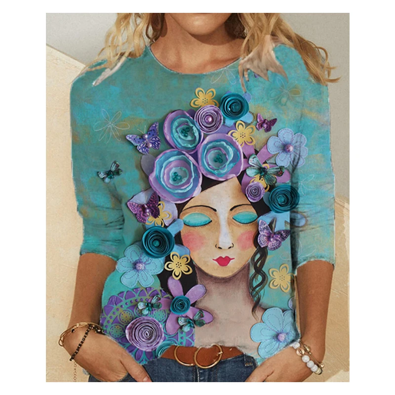 

Женская Винтажная футболка с длинным рукавом, с цветочным принтом