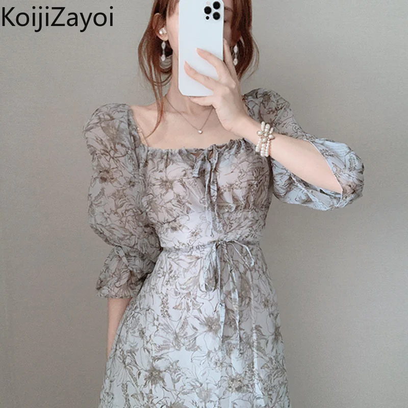 

Летнее женское платье Koijizayoi, корейское шикарное тонкое платье с квадратным вырезом и пышными рукавами, модные женские платья-трапеции с при...
