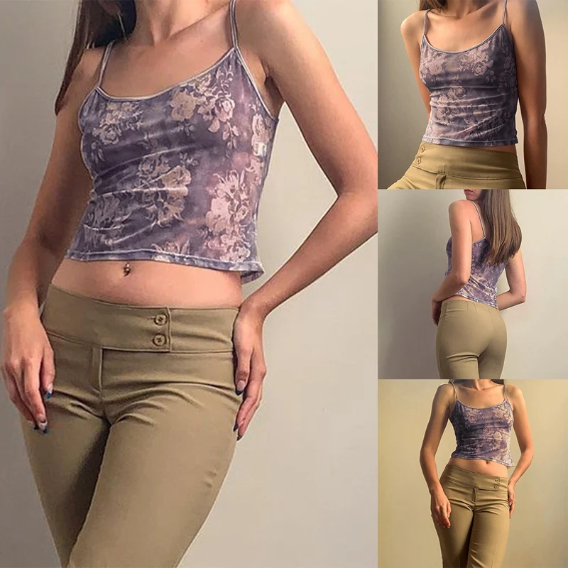 

Vintage Floral Pattern Crop Tops Aesthetics Summer Spaghetti Strap Backless Mesh Cami Cute Sleeveless