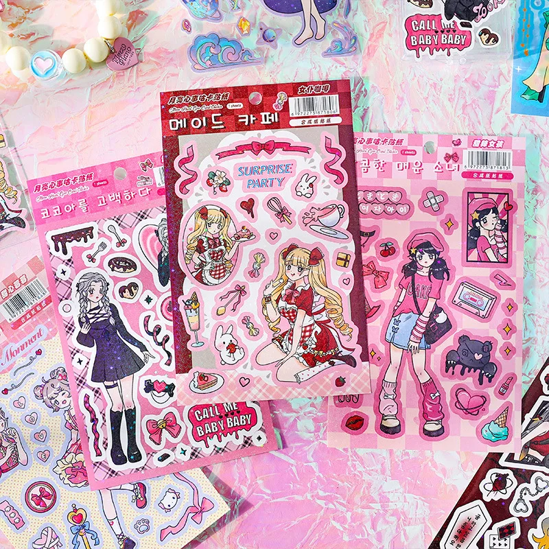 MOHAMM 1 Sheet Cartoon Cute Girl Shiny Card Decorative Stickers for Scrapbooking Journal Diary Album Making DIY Arts Crafts