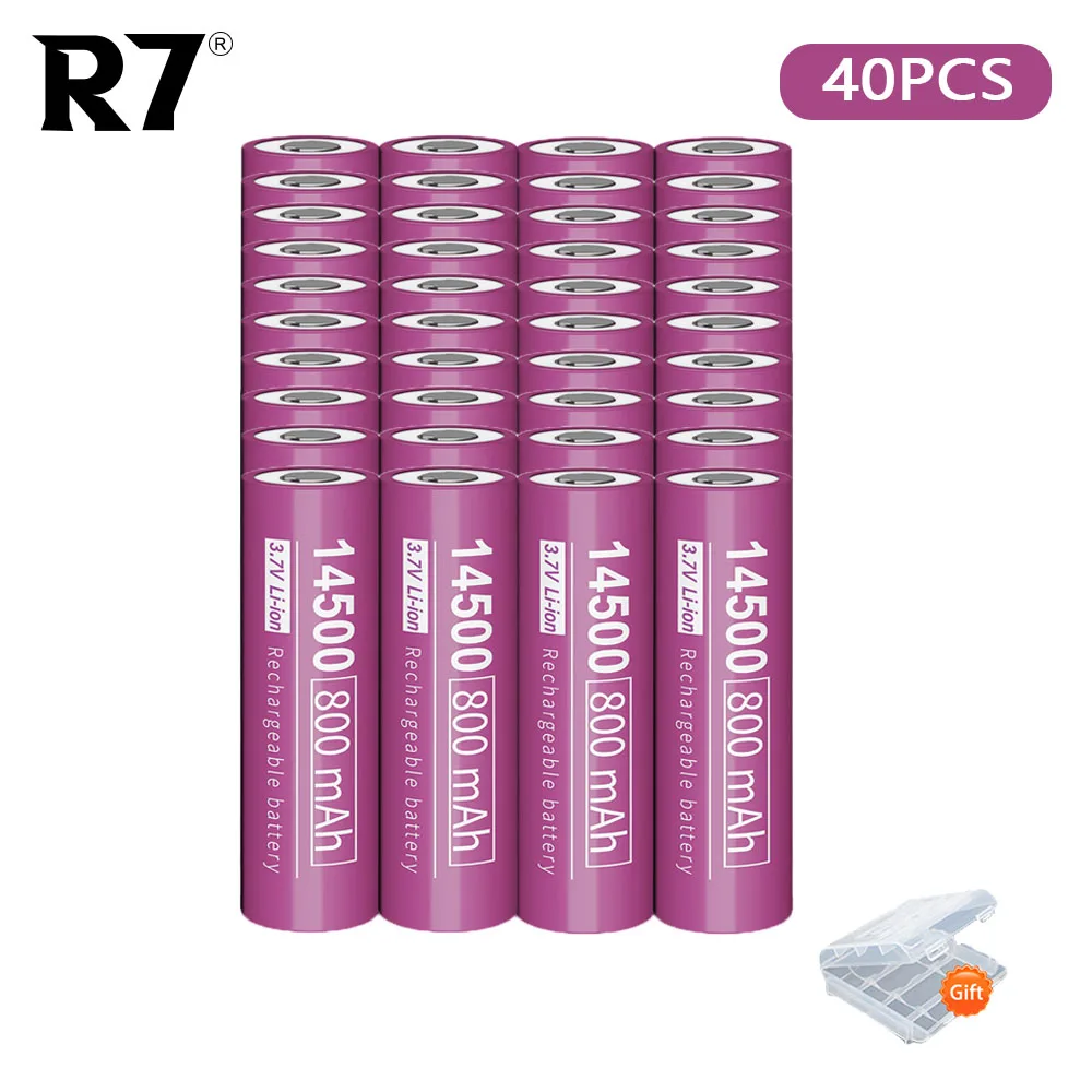 

R7 Brand 40pcs 3.7v 14500 AA Rechargeable Battery 800mah 14500 2A Li-ion Batteries For Led Flashlight Headlamps