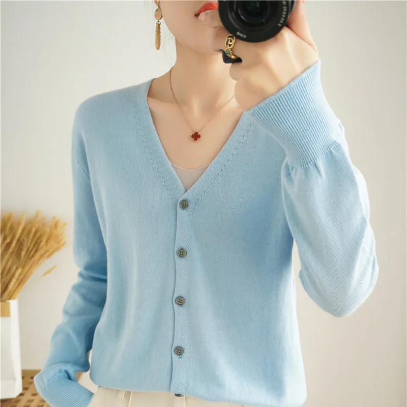 

100% Cotton Cardigan Coat Women's New V-Neck Solid Color Loose Long-Sleeved Top ComFortable Foreign Sweater Sweater