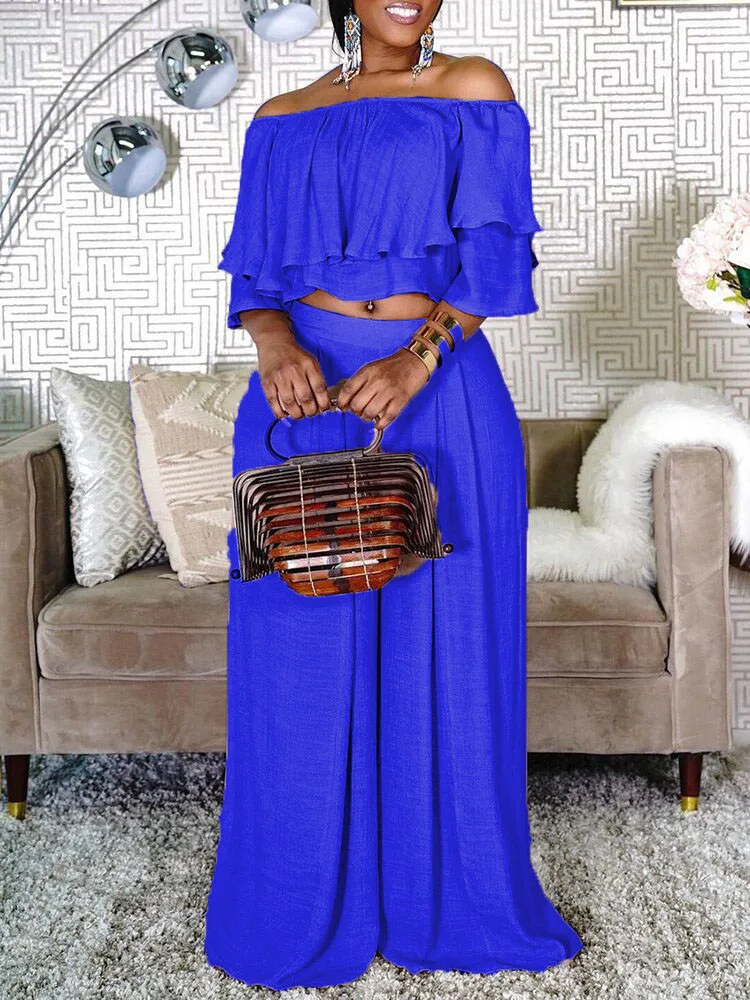 Plus Size 2 Piece Set for Women Clothing Sexy Off Shoulder Ruffles Crop Top Casual Elegant Wide Leg Long Pants Fashion Outfits