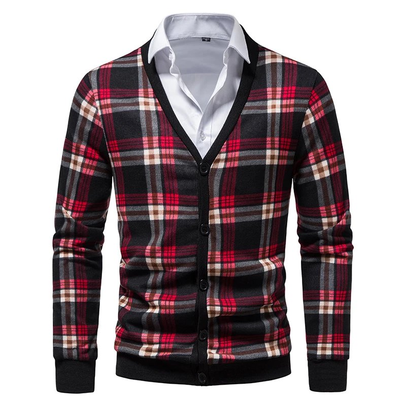 

2022 New Men's Cardigan Sweater Casual Slim Fit Comfortable V-Neck Contrast Color Argyle Knit Button Youth Fashion Sweater